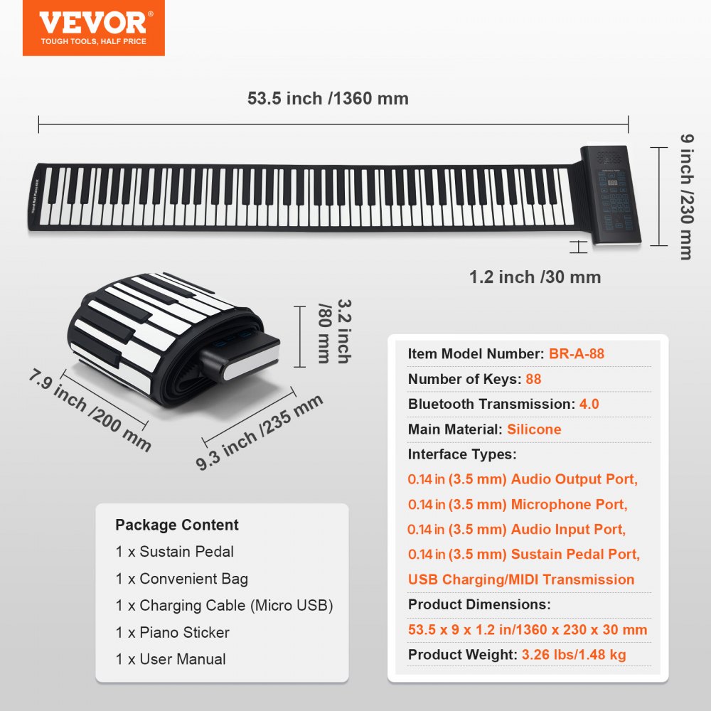 VEVOR 88 Tasti Tastiera Pianoforte Arrotolabile, 128 Ritmi 128 Toni Portatile Digitale a Mano con Batteria Ricaricabile Altoparlante 2 W Display LED 5 Porte Funzione MIDI, Bambini Principianti Adulti