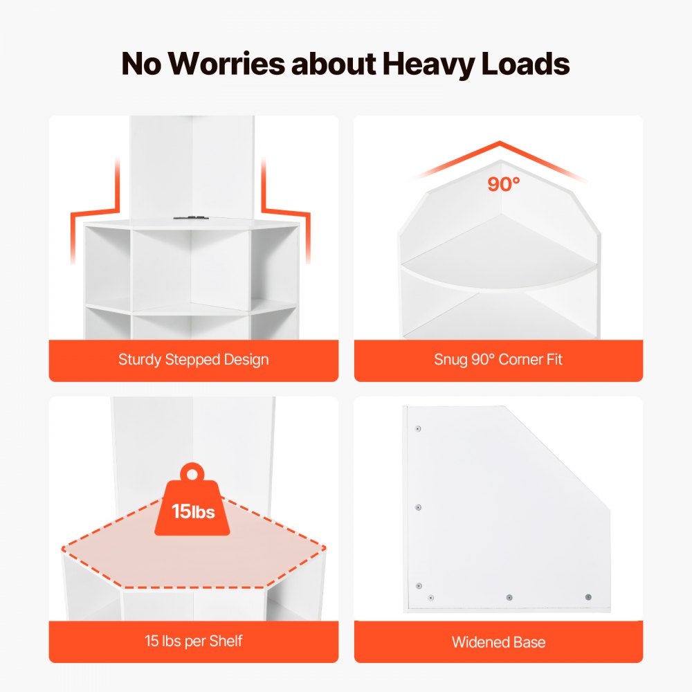 VEVOR Mobiletto Angolare Portaoggetti Altezza 162,6cm, Mobiletto in Legno Indipendente Angolo Triangolare 6 Ripiani con Prese USB Ripiani Regolabili, Mobiletto Angolare da Soggiorno Camera da Letto