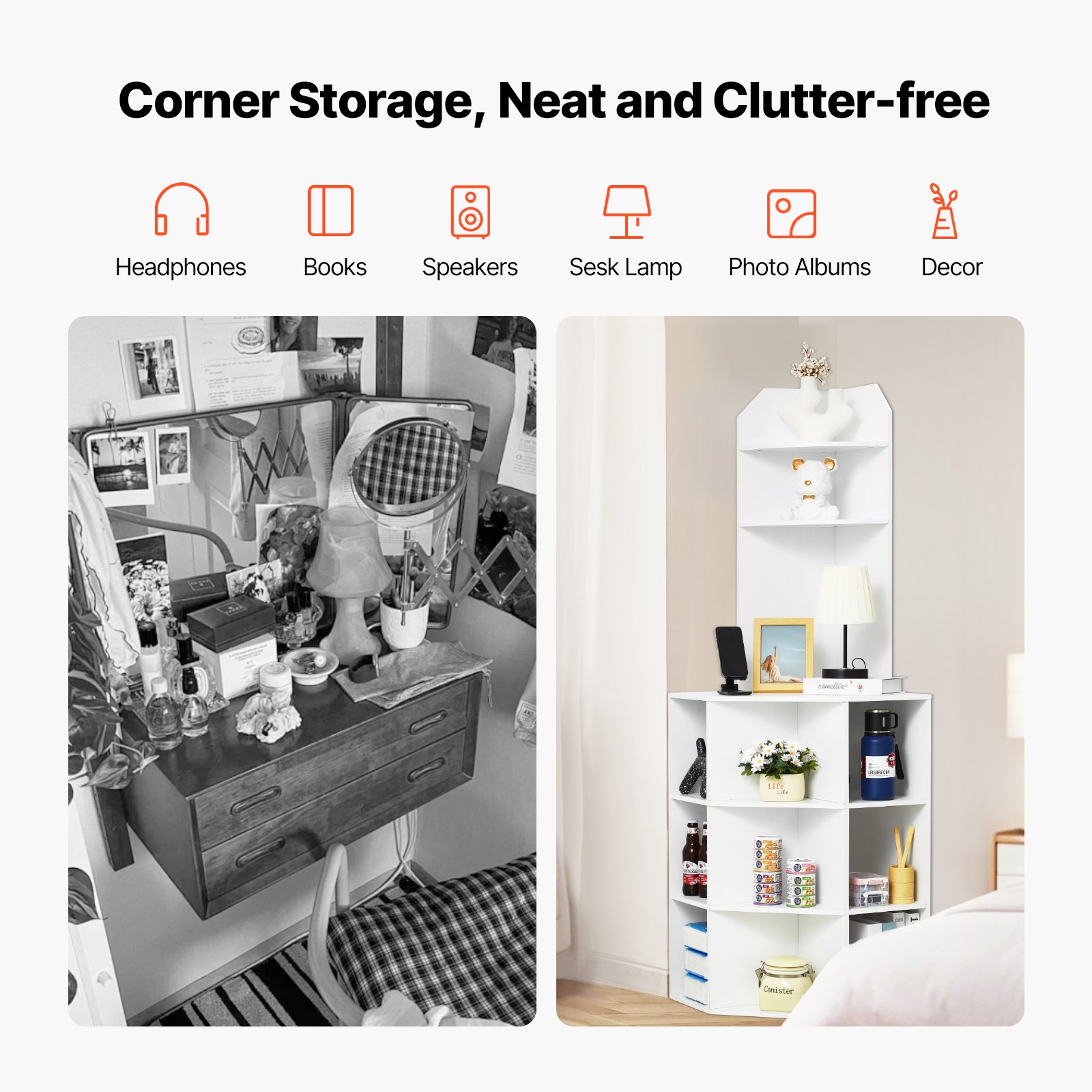 VEVOR Corner Cabinet Storage Cabinet with 6-Tier Shelves Multi-Purpose Cabinet (1626 mm High) with USB Ports and Sockets and Adjustable Shelves, Kitchen Cabinet for Living Room Laundry Room