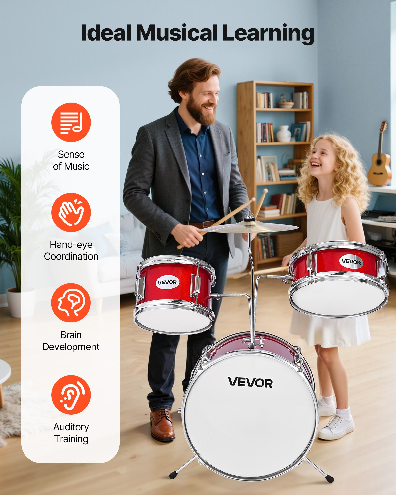 VEVOR Kids Drum Set, 3-Piece 355.6 mm Junior Drum Sets, Beginner Drums Set with Adjustable Throne and Two Pairs of Drumsticks, Musical Learning Drums Instruments Kit, for Children Ages 6-13 (Red)