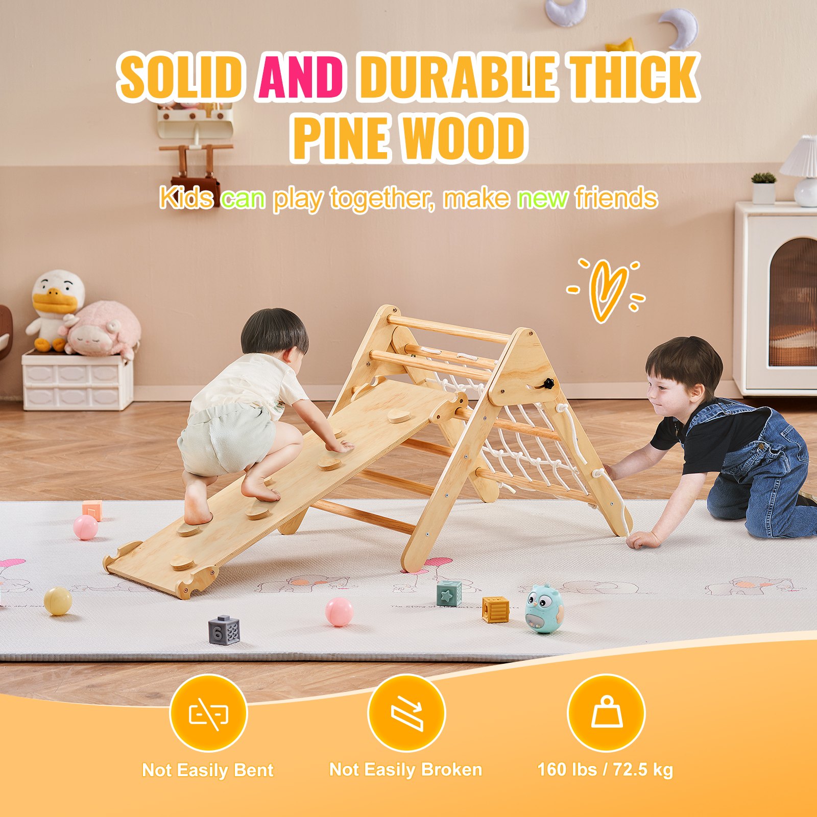 VEVOR Pikler Triangle Set, 4-in-1 Climbing Toy for Toddlers, Indoor Playground, Montessori Climbing Set with Triangle and Ramp, Large Wooden Climbing Frame for Toddlers 1-3 Years Old, Wood Color