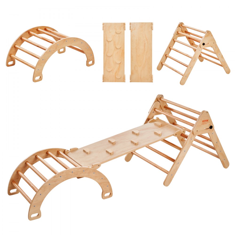 Set triangolo pikler VEVOR con rampa, arco e accessori per l'arrampicata con finitura in legno naturale.