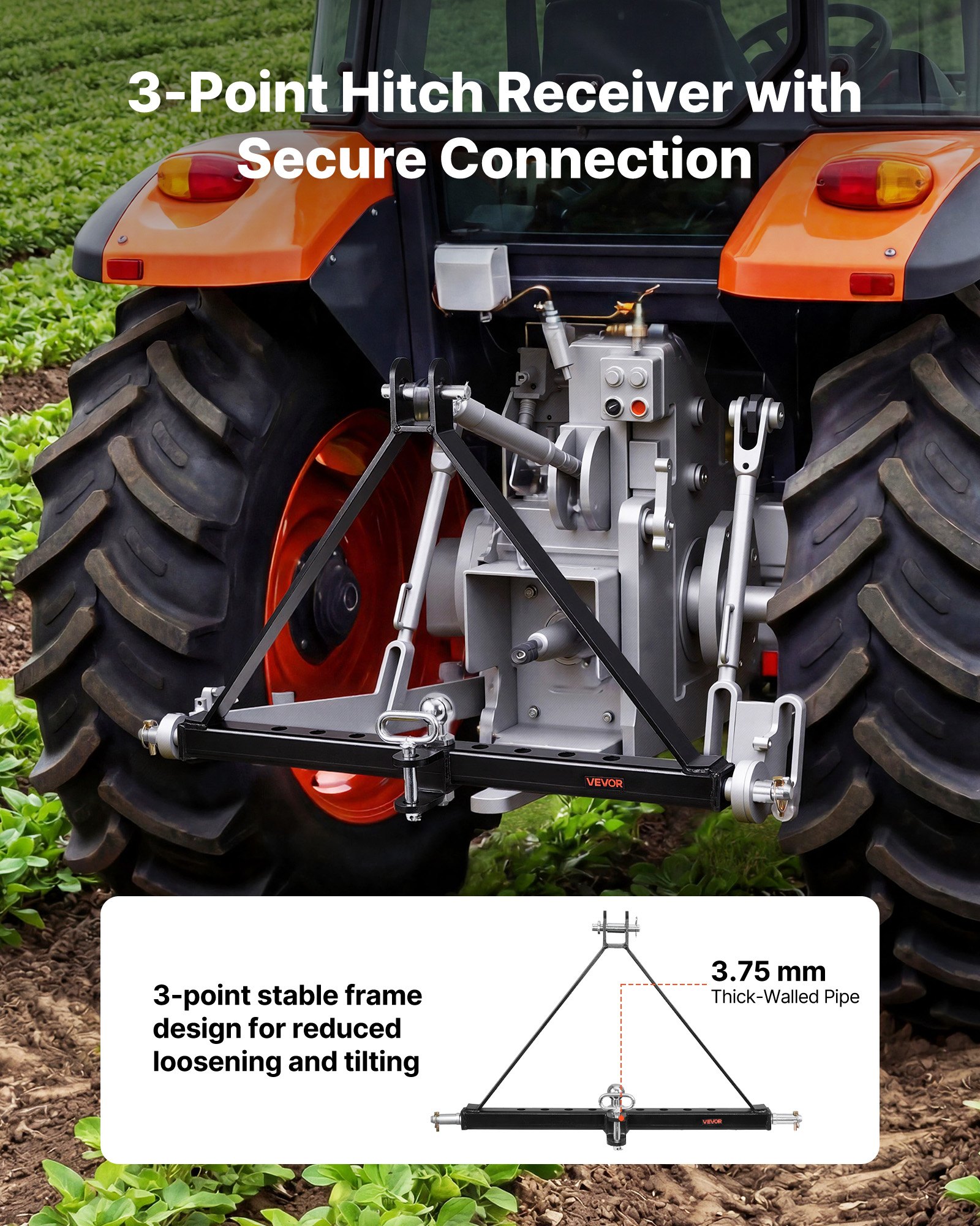 VEVOR Attacco per Rimorchio a 3 Punti con Sfera Perno, Attacco Triangolare in Acciaio Q235 Adattatore per Traino di Categoria 2 Compatibile con Kubota John Deere Massey Ferguson Yanmar da Giardino