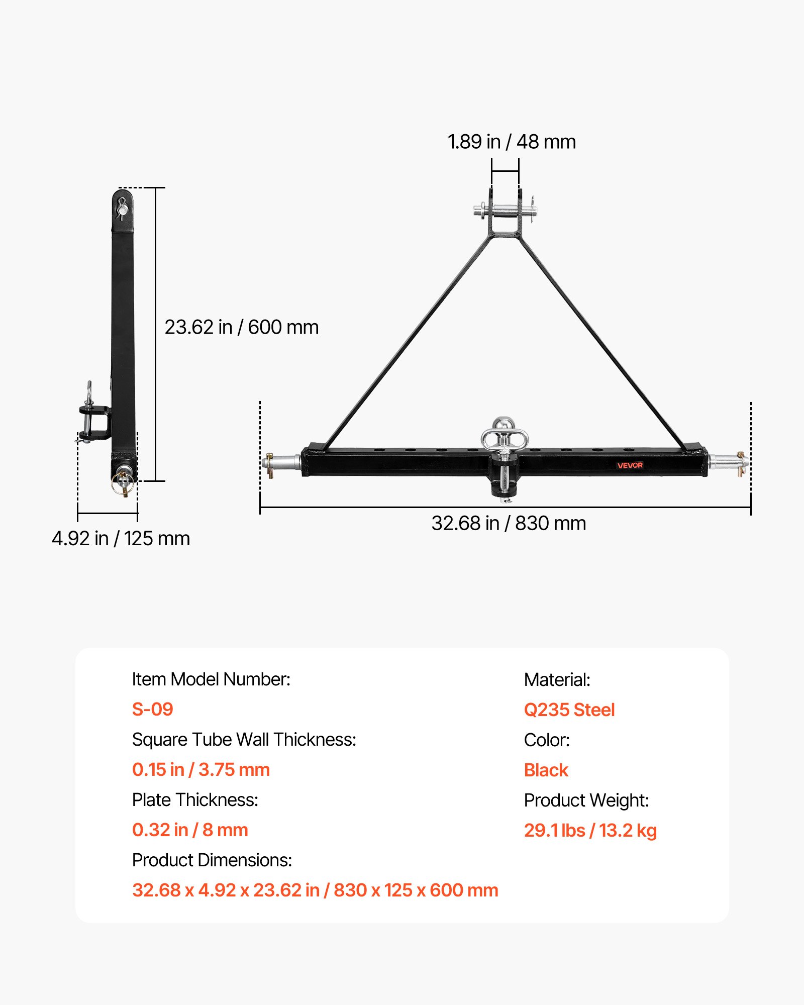 VEVOR Attacco per Rimorchio a 3 Punti con Sfera Perno, Attacco Triangolare in Acciaio Q235 Adattatore per Traino di Categoria 2 Compatibile con Kubota John Deere Massey Ferguson Yanmar da Giardino