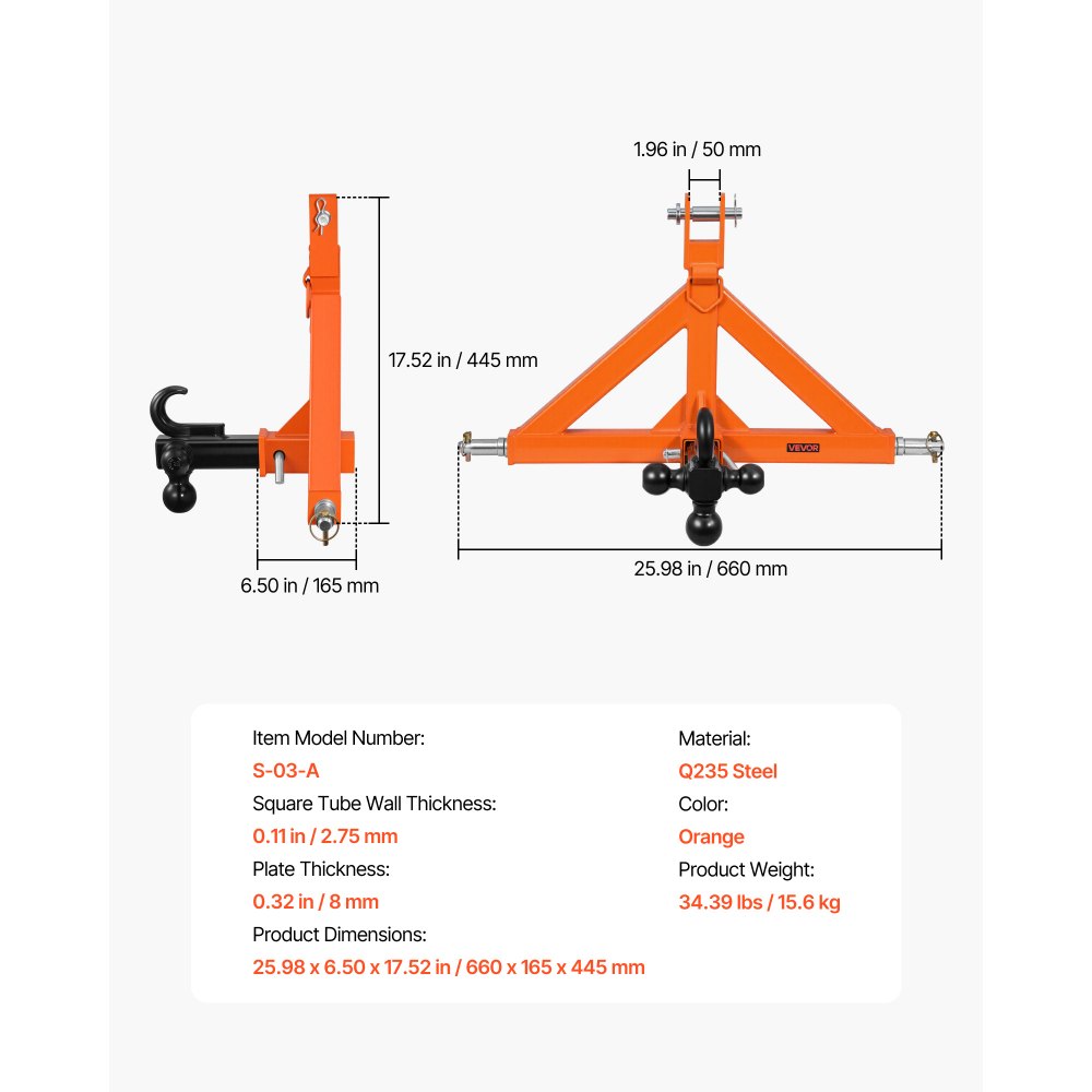 VEVOR Attacco per Rimorchio a 3 Punti con Ricevatore 50,8 mm, Attacco Triangolare con Gancio a 4 Vie con 3 Sfere per Trattore di Categoria 1, Compatibile con Kubota, Ford, John Deere, Massey Ferguson