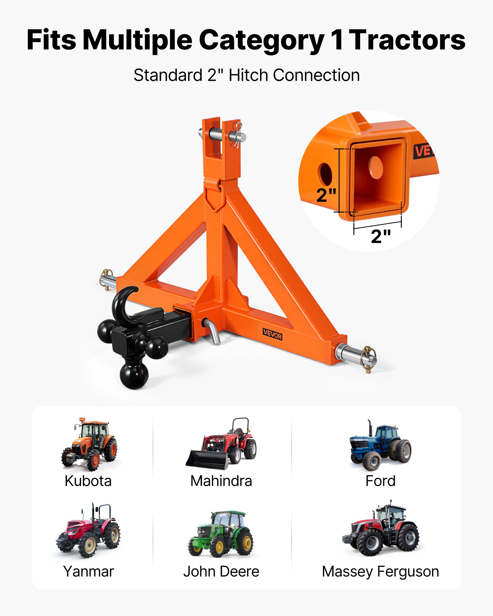 VEVOR Attacco per Rimorchio a 3 Punti con Ricevatore 50,8 mm, Attacco Triangolare con Gancio a 4 Vie con 3 Sfere per Trattore di Categoria 1, Compatibile con Kubota, Ford, John Deere, Massey Ferguson