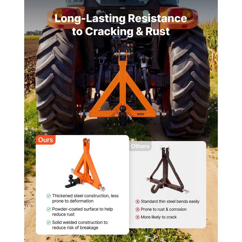 VEVOR Attacco per Rimorchio a 3 Punti con Ricevitore Standard da 50,8 mm, Attacco Triangolare con Sfera per Traino Trattore di Categoria 1, Compatibile con Kubota, Ford, John Deere, Massey Ferguson