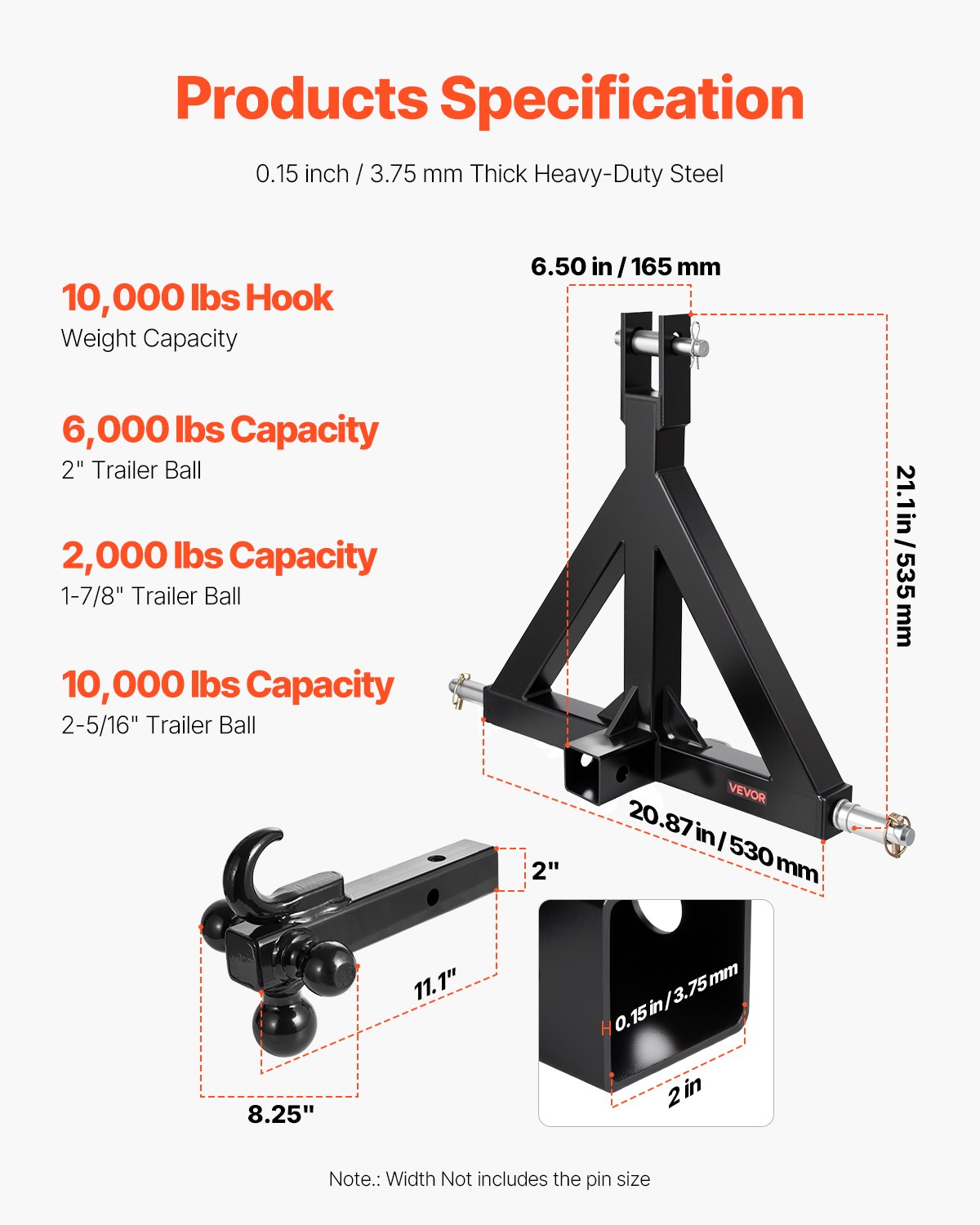 VEVOR 3-point hitch, 5.08 cm receiver, three-point linkage with 3 ball hitches, tractor drawbar adapter, compatible with Kubota, Mahindra, Ford, Yanmar, John Deere, Massey Ferguson