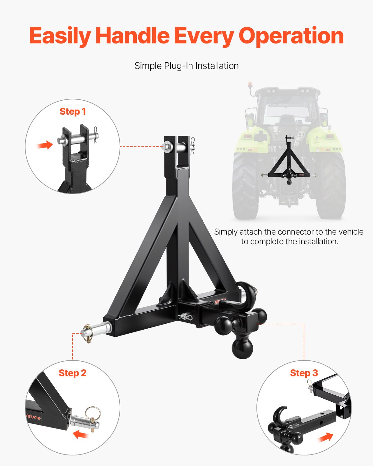 VEVOR 3-point hitch, 5.08 cm receiver, three-point linkage with 3 ball hitches, tractor drawbar adapter, compatible with Kubota, Mahindra, Ford, Yanmar, John Deere, Massey Ferguson