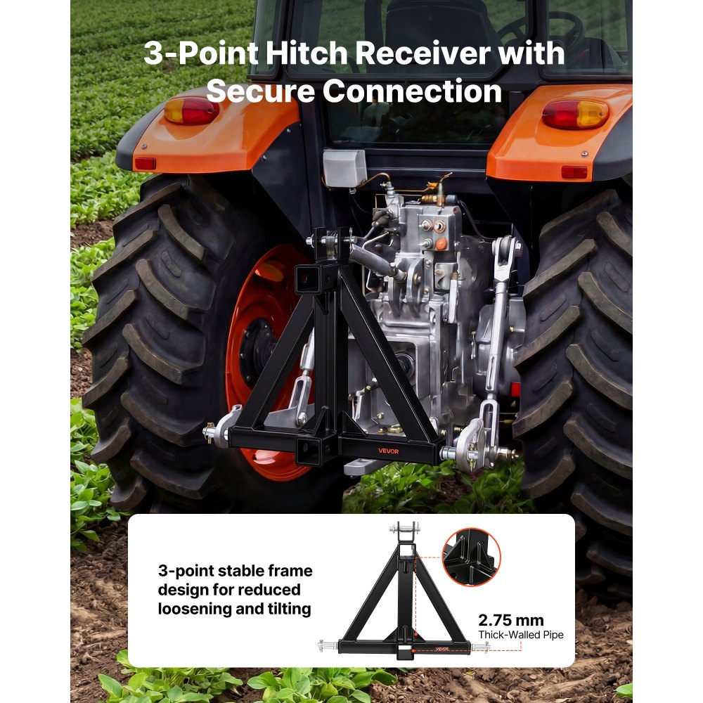 VEVOR Attacco per Rimorchio a 3 Punti con 2 Ricevitori, Attacco Triangolare per Traino da 50,8 mm, Adattatore per Traino di Categoria 1 Compatibile con Kubota John Deere Massey Ferguson Yanmar