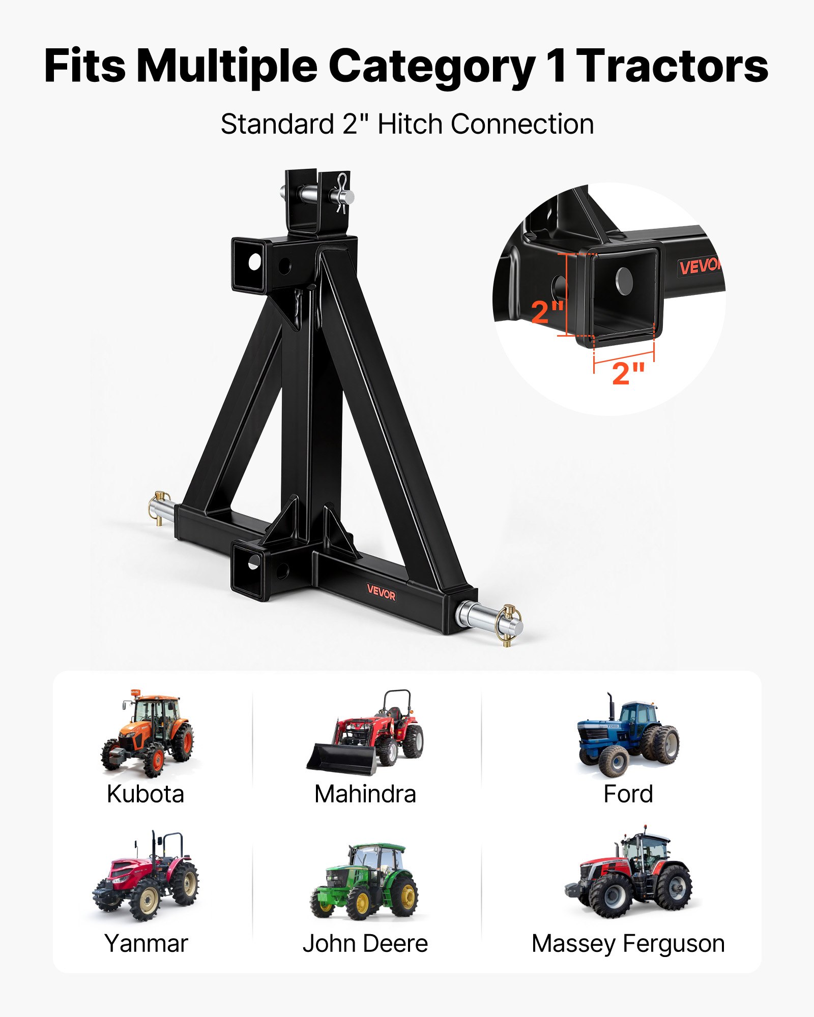 VEVOR Attacco per Rimorchio a 3 Punti con 2 Ricevitori, Attacco Triangolare per Traino da 50,8 mm, Adattatore per Traino di Categoria 1 Compatibile con Kubota John Deere Massey Ferguson Yanmar