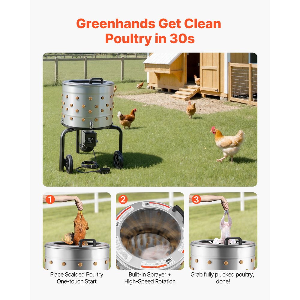 VEVOR Chicken Plucker Machine, 500mm Drum, 900W & 230RPM Electric Chicken Plucking Machine with 98 Soft Fingers & Transport Wheels, Stainless Steel Feather Remover for Processing 2 Chicks Once