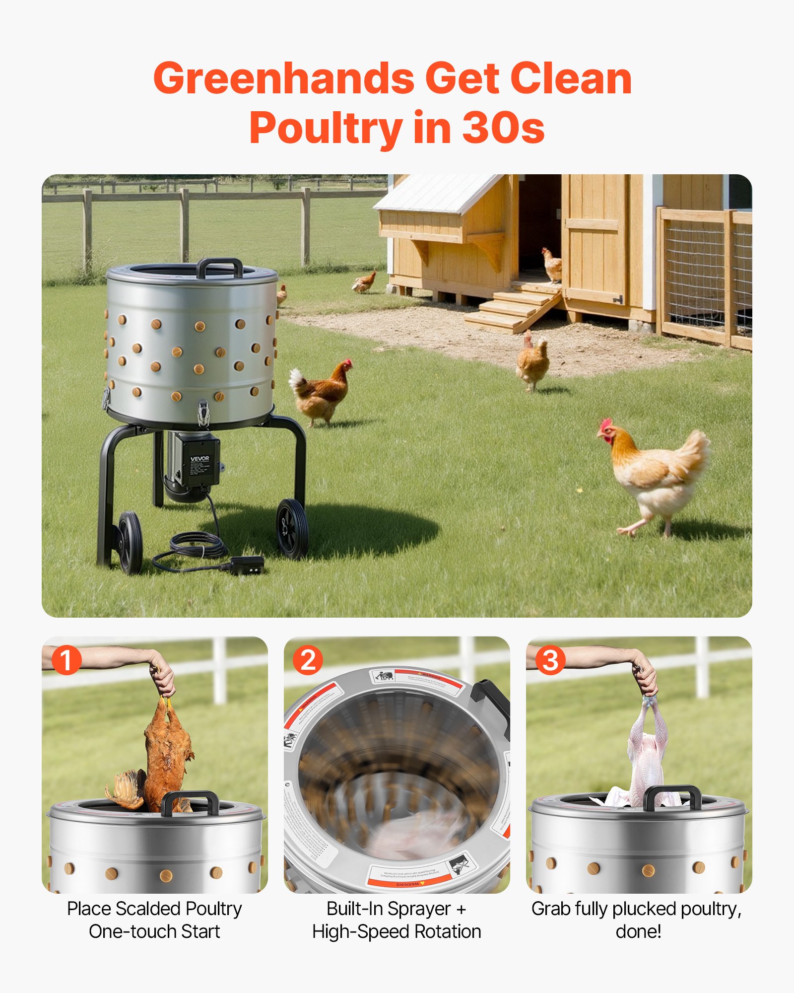 VEVOR Chicken Plucker Machine, 500mm Drum, 900W & 230RPM Electric Chicken Plucking Machine with 98 Soft Fingers & Transport Wheels, Stainless Steel Feather Remover for Processing 2 Chicks Once