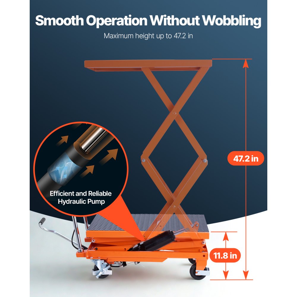 VEVOR Tavolo Elevatore Idraulico, Capacità 226,8 kg Carrello Elevatore a Doppia Forbice con 4 Ruote, Cuscinetto Antiscivolo, Altezza di Sollevamento 1200 mm per Movimentazione e Trasporto di Materiali