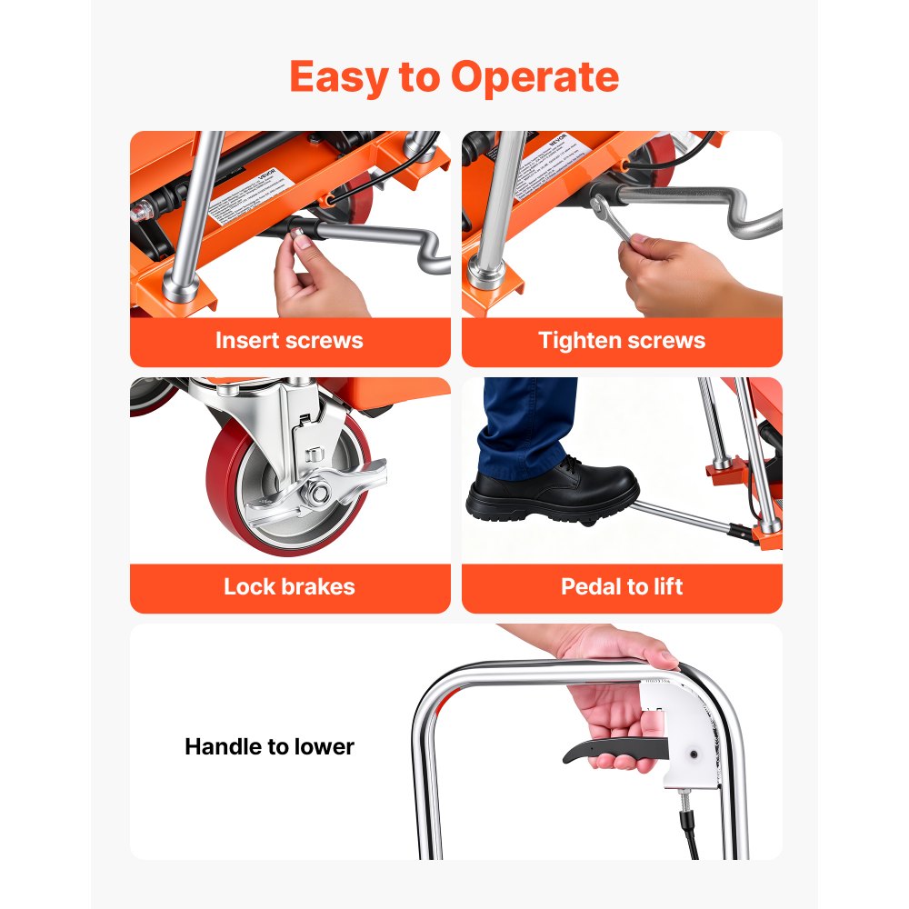 VEVOR Carrello Elevatore Idraulico a Pantografo, Portata 350 kg, 4 Ruote, Altezza di Sollevamento 1260 mm, Doppia Forbice Manuale, con Manico, in Acciaio Robusto, Ideal per Movimentazione Materiali