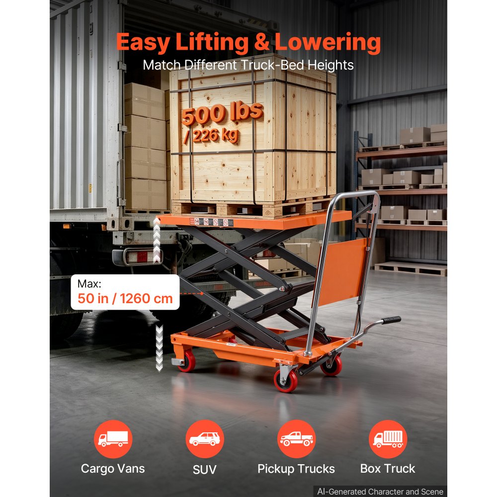 VEVOR Carrello Elevatore Idraulico a Pantografo, Portata Massima 226 kg, Altezza di Sollevamento 1260 mm, Doppia Forbice Manuale, 4 Ruote e Manico, in Acciaio Robusto, per Movimentazione Materiali