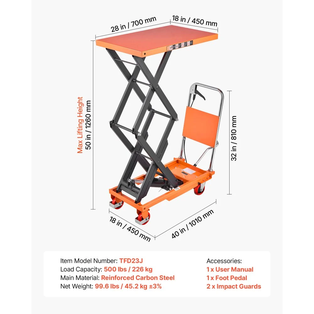 VEVOR Carrello Elevatore Idraulico a Pantografo, Portata Massima 226 kg, Altezza di Sollevamento 1260 mm, Doppia Forbice Manuale, 4 Ruote e Manico, in Acciaio Robusto, per Movimentazione Materiali