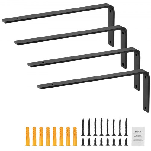 VEVOR Staffe per Mensole, 256 x 155 mm, Staffe per Mensole Sospese per Carichi Pesanti, 4 Pezzi, Staffe per Mensole a Forma di L, Nere Opache Spesse 10 mm, Acciaio con Capacità di Carico di 72,6 kg