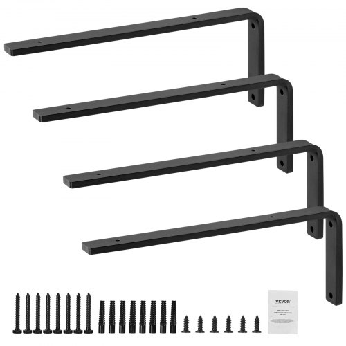 VEVOR Staffe per Mensole, 410 x 155 mm, Staffe per Mensole Sospese per Carichi Pesanti, 4 Pezzi, Staffe per Mensole a Forma di L, Nere Opache Spesse 10 mm, Acciaio con Capacità di Carico di 72,6 kg