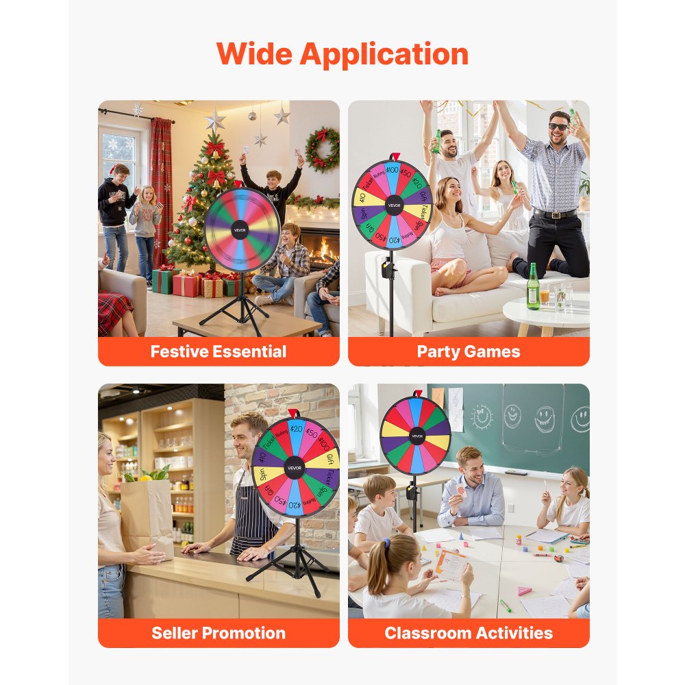 VEVOR Ruota dei Premi Girevole da 610 mm, Ruota Girevole a 14 Slot con Treppiede, Altezza Regolabile, Roulette Win Fortune con Cancellabile a Secco e 2 Pennarelli, 6 Colori, per Feste, Pub, Carnevale