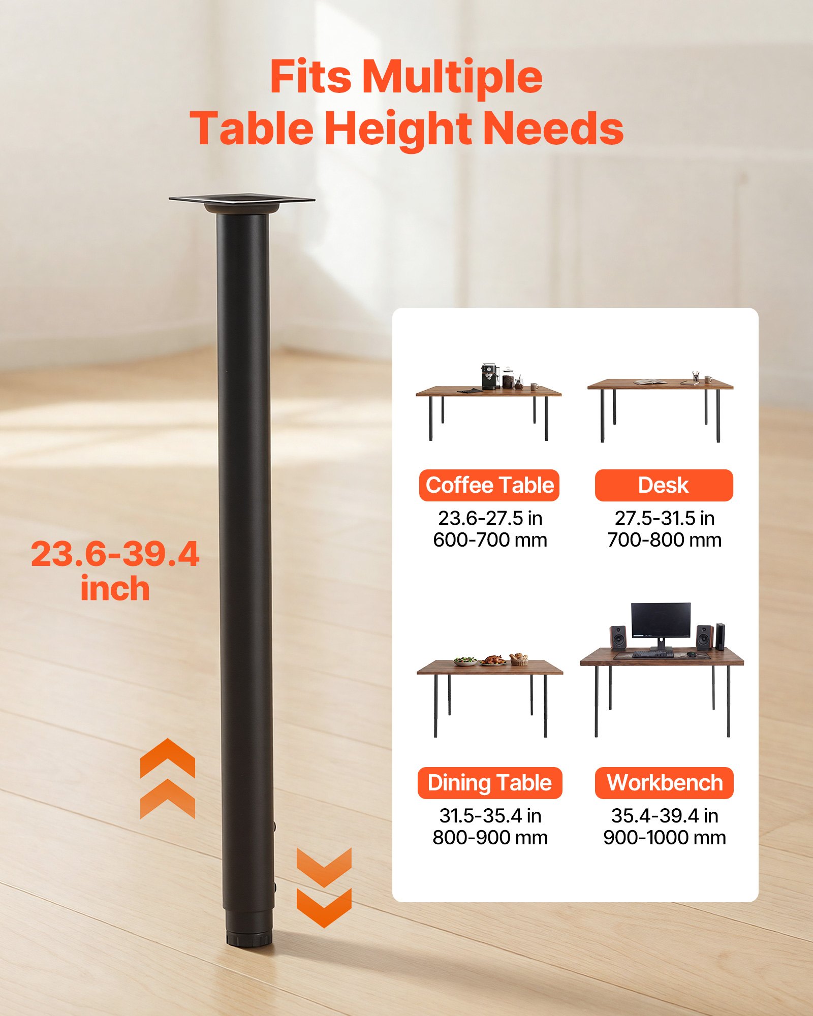 VEVOR Ganmbe per Tavolo Regolabili in Altezza 61-101,6 cm, Gambe per Scrivania Smontabili in Acciaio, Carico Max. 544 kg, Facile da Montare, per Scrivania da Ufficio e Tavolo da Bar, Set da 4, Nero