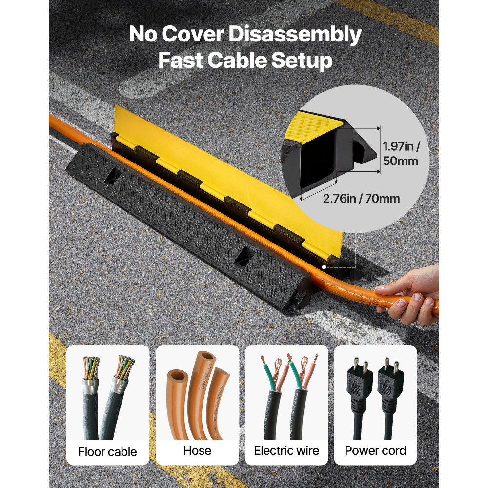 VEVOR Cable Protector Ramp, 9,979 kg/axle Capacity, 1 Channel Heavy Duty Rubber Cord Hose Wire Cover, 70 x 50 mm Channel, Traffic Speed Bump with Flip-Open Top Cover, for Indoor Outdoor Use, 1 Pack