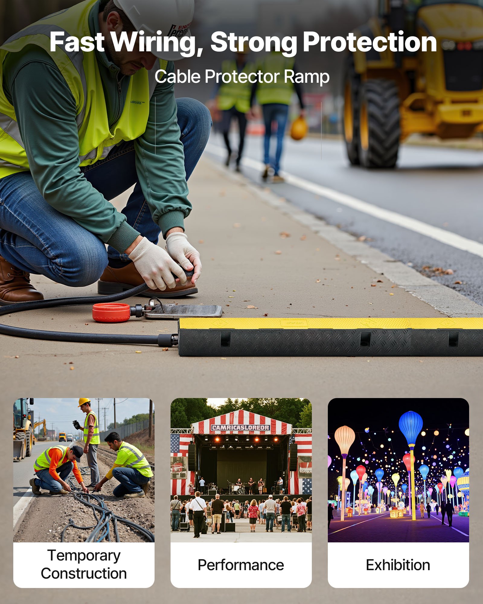 VEVOR Cable Protector Ramp, 9,979 kg/axle Capacity, 1 Channel Heavy Duty Rubber Cord Hose Wire Cover, 70 x 50 mm Channel, Traffic Speed Bump with Flip-Open Top Cover, for Indoor Outdoor Use, 1 Pack