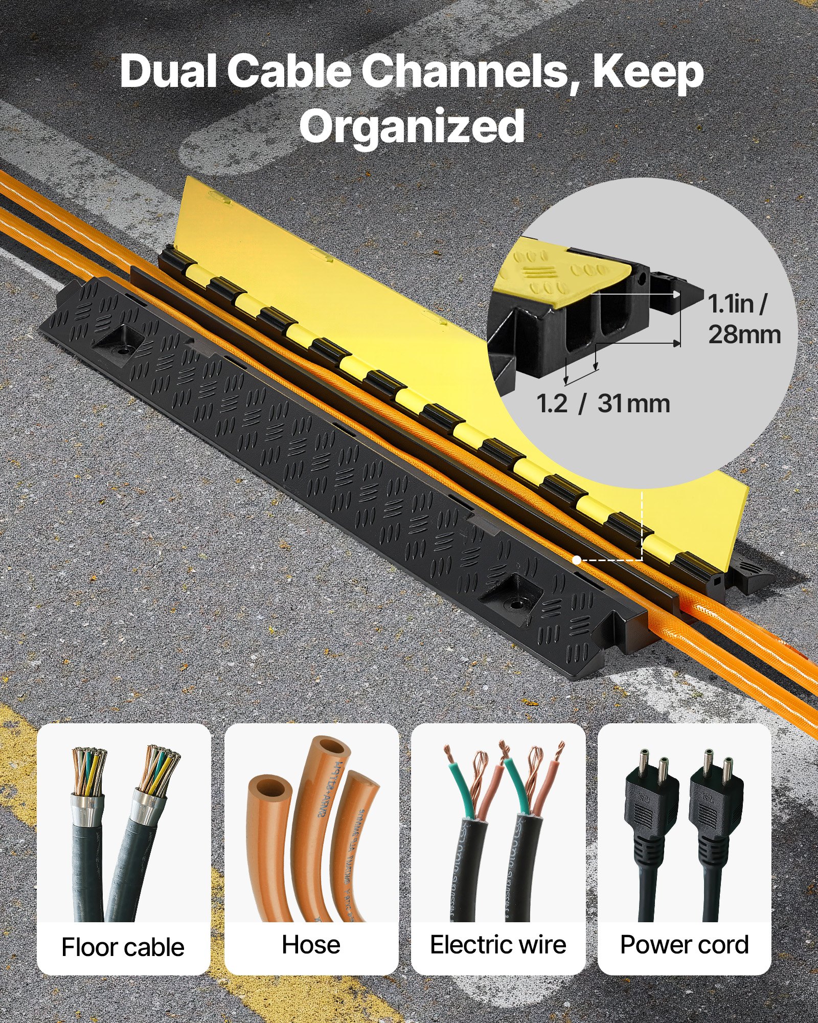 VEVOR Rampa di Protezione per Cavi, Capacità di 9979 kg /Asse, Tubo Flessibile in TPU a 2 Canali, Canale da 31 x 28 mm, Dosso Rallentatore con Coperchio Superiore Apribile, Confezione da 3
