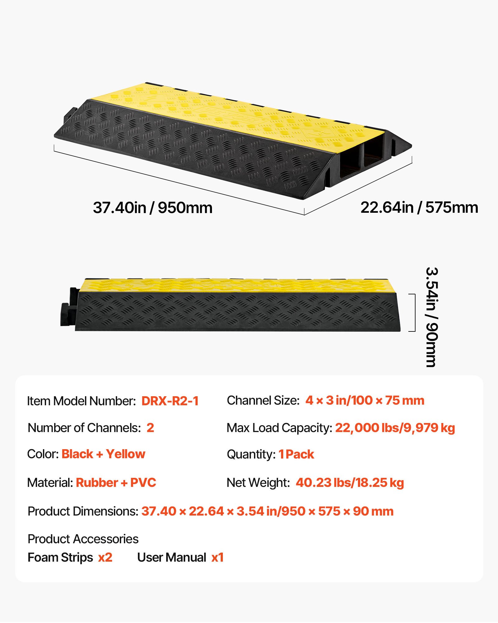 VEVOR Cable Protector Ramp, 9,979 kg/axle Capacity, 2 Channel Heavy Duty Rubber Cord Hose Wire Cover, 100 x 75 mm Channel, Traffic Speed Bump with Flip-Open Top Cover, for Indoor Outdoor Use, 1 Pack