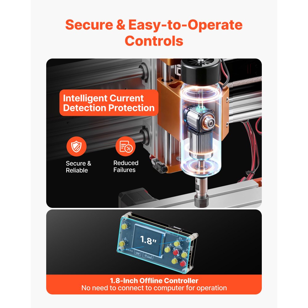 VEVOR Macchina per Incisione CNC a 3 Assi, Fresatrice con Mandrino da 500 W, Area di Lavoro 30 x 18 x 8 cm, Controller Offline, Finecorsa, Arresto di Emergenza, per Taglio e Intaglio di Plastica Legno