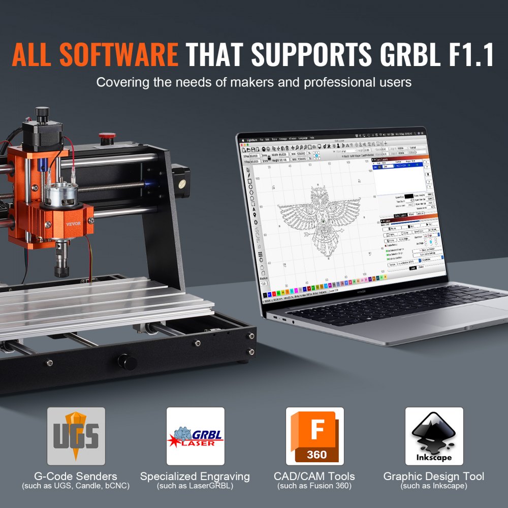 VEVOR CNC Milling Machine, 120 W, Engraving Machine, 3-Axis GRBL Control, Wood Engraving Carving Milling Machine Kit, 300 x 200 x 72 mm Working Area, 1200 RPM for Wood, Acrylic, MDF, PVC, Plastic Foam