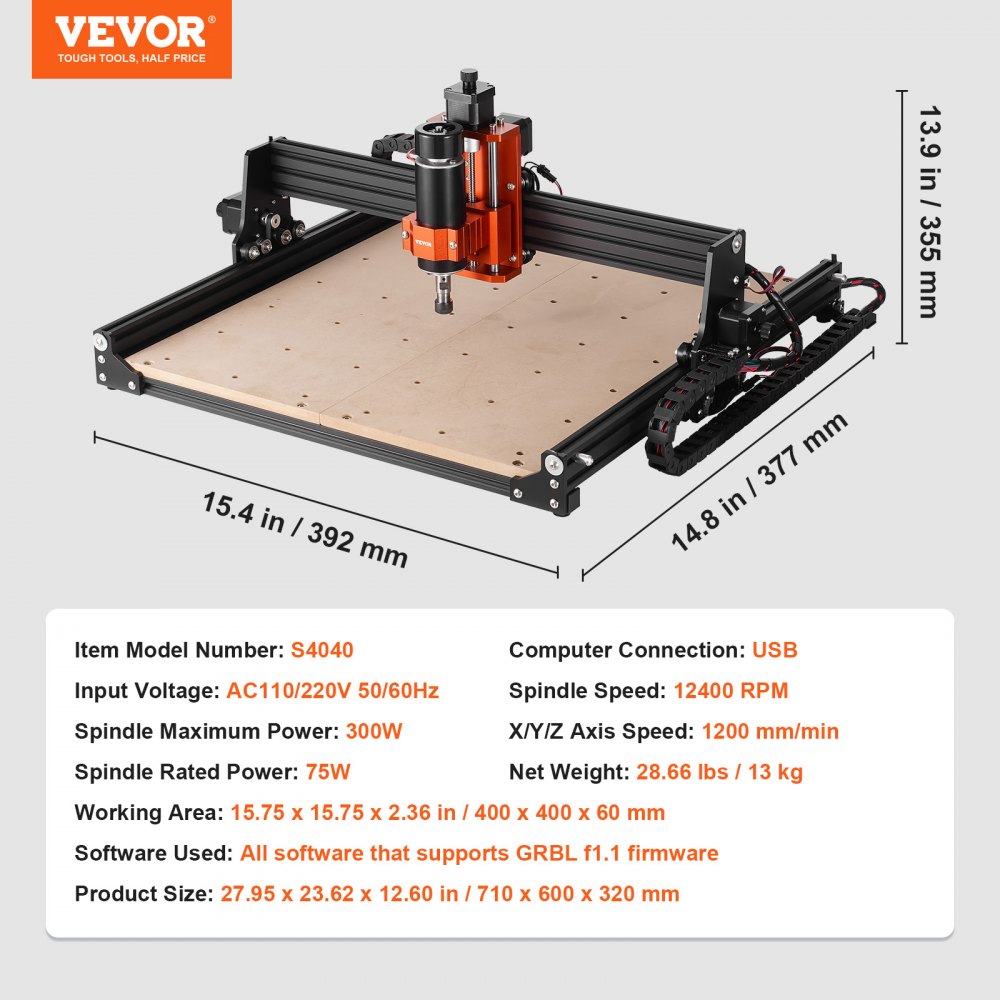 VEVOR CNC Router Macchina, 300 W, 3 Assi GRBL Controllo Kit per Fresatura e Incisione su Legno, 400 x 400 x 60 mm Area di Lavoro 1200 giri/min, Router Macchina per Legno Acrilico Schiuma Plastica