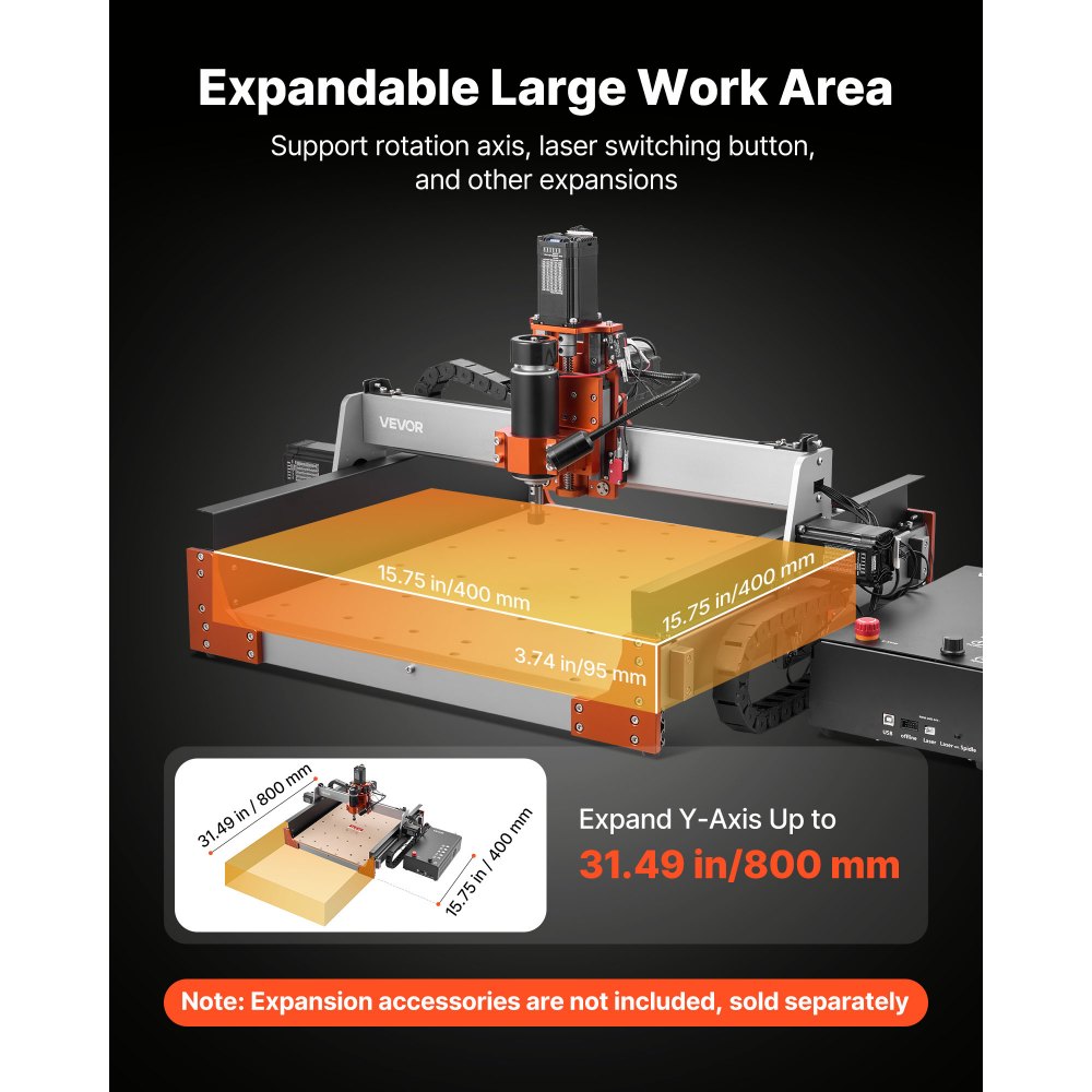 VEVOR CNC Router Machine, 500W Spindle, 3-Axis Wood Engraving Milling Machine, with Dual Linear Rails and Ball Screw, 400 x 400 x 95 mm Working Area, Trim Router, for Wood Acrylic Carving Cutting