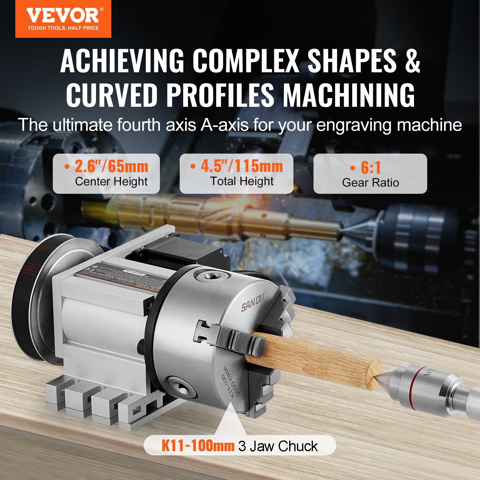 VEVOR Testa Divisoria, Mandrino a 3 Griffe K11-100mm, Divisore 3 Griffe Fresatrice CNC Asse di Rotazione 4° Asse Testa Indicizzatrice, Altezza Centrale 65mm Contropunta MT2 Rapporto Trasmissione 6:1