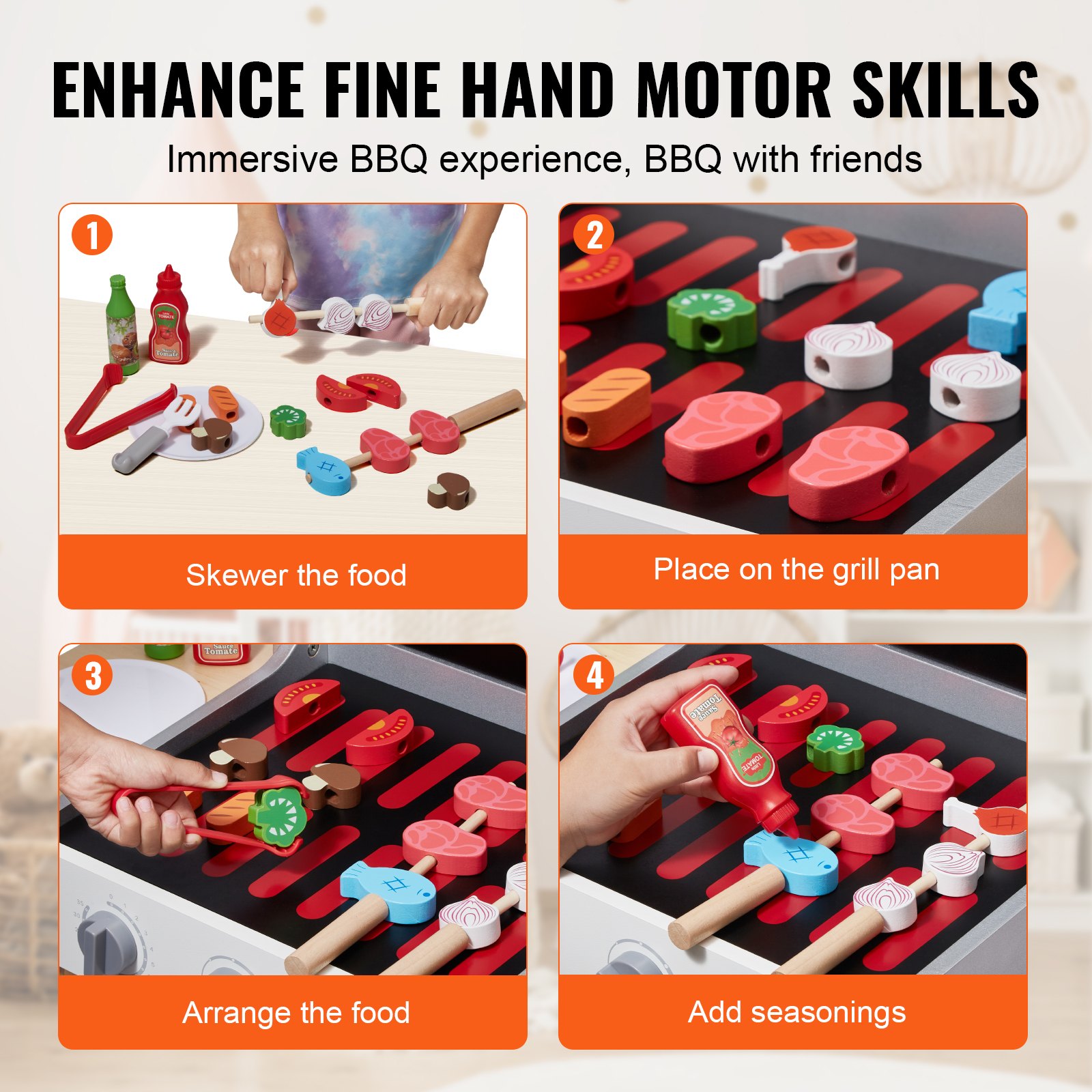 VEVOR Set da Gioco per Barbecue 21 Pezzi, Barbecue Giocattolo in Legno con Cibo Finto e Utensili per Grigliare, Accessorio da Cucina in Legno per Cibo Finto, Giocattolo da Cucina per Bambini, Regalo