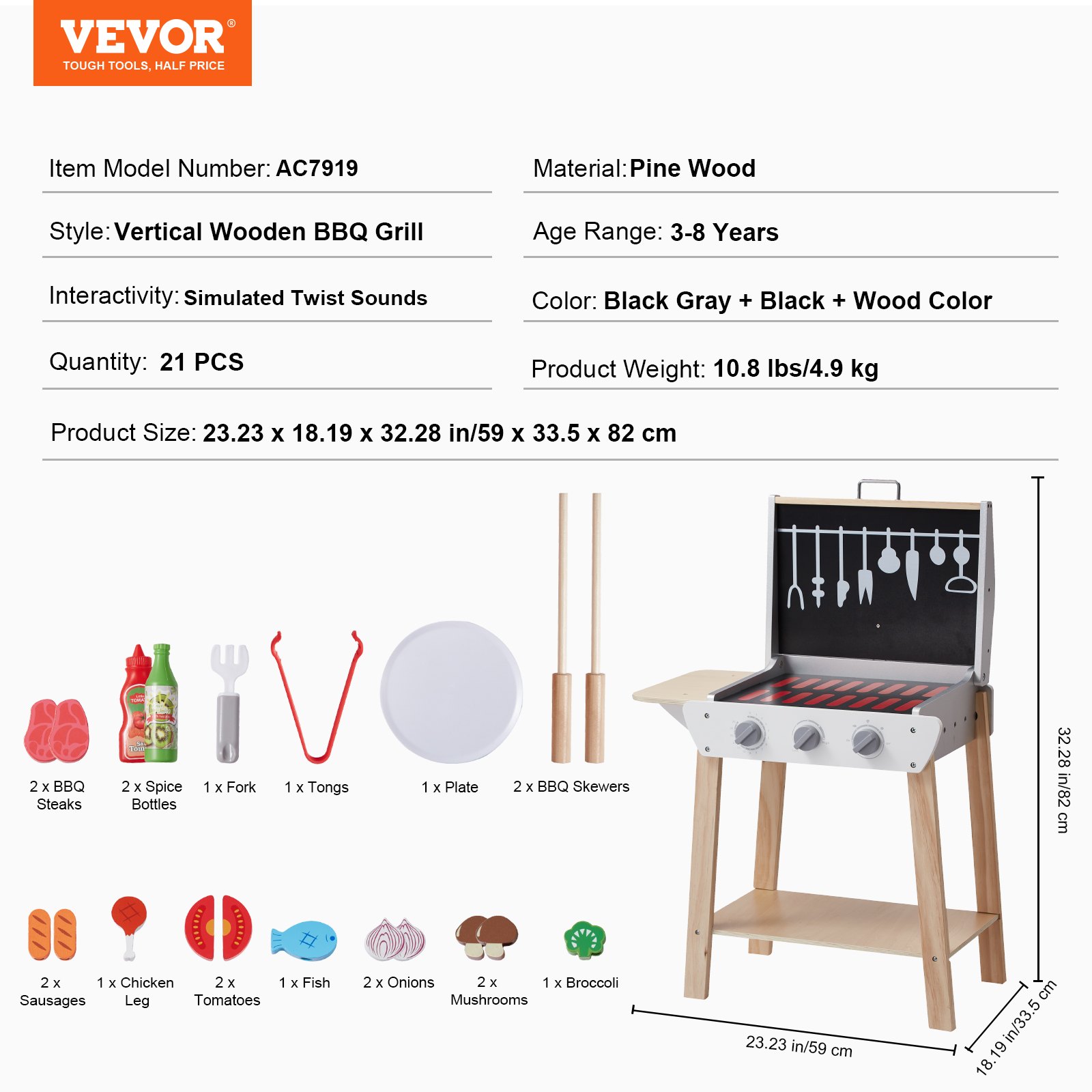 VEVOR Set da Gioco per Barbecue 21 Pezzi, Barbecue Giocattolo in Legno con Cibo Finto e Utensili per Grigliare, Accessorio da Cucina in Legno per Cibo Finto, Giocattolo da Cucina per Bambini, Regalo