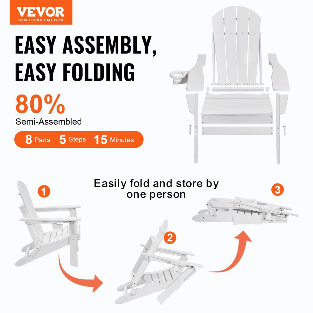 VEVOR Sedie Adirondack in Plastica Set 2, Sedie da Esterno Pieghevoli Portatili Resistenti alle Intemperie per Patio con Portabicchieri, Bracciolo Rilassante Ergonomico, per Giardino Cortile, Bianco