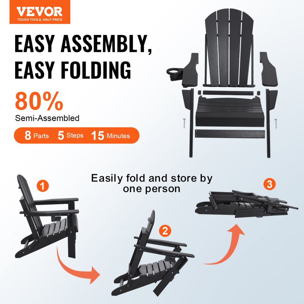 VEVOR Sedie Adirondack in Plastica Set di 2, Sedie da Esterno Pieghevoli Portatili Resistenti alle Intemperie per Patio con Portabicchieri, Bracciolo Rilassante Ergonomico, per Giardino Cortile, Nero