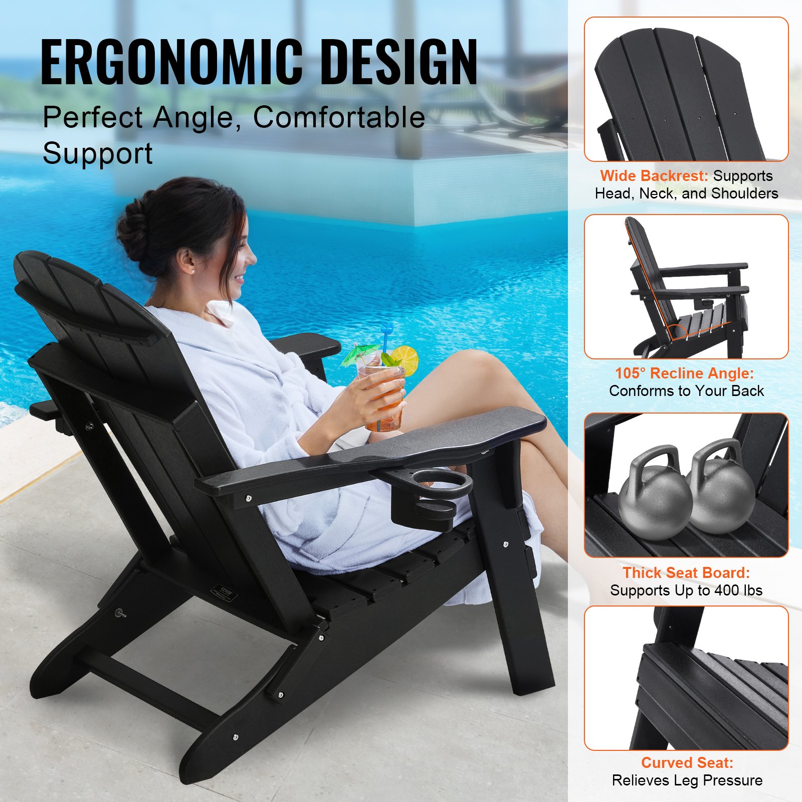 VEVOR Sedie Adirondack in Plastica Set di 2, Sedie da Esterno Pieghevoli Portatili Resistenti alle Intemperie per Patio con Portabicchieri, Bracciolo Rilassante Ergonomico, per Giardino Cortile, Nero