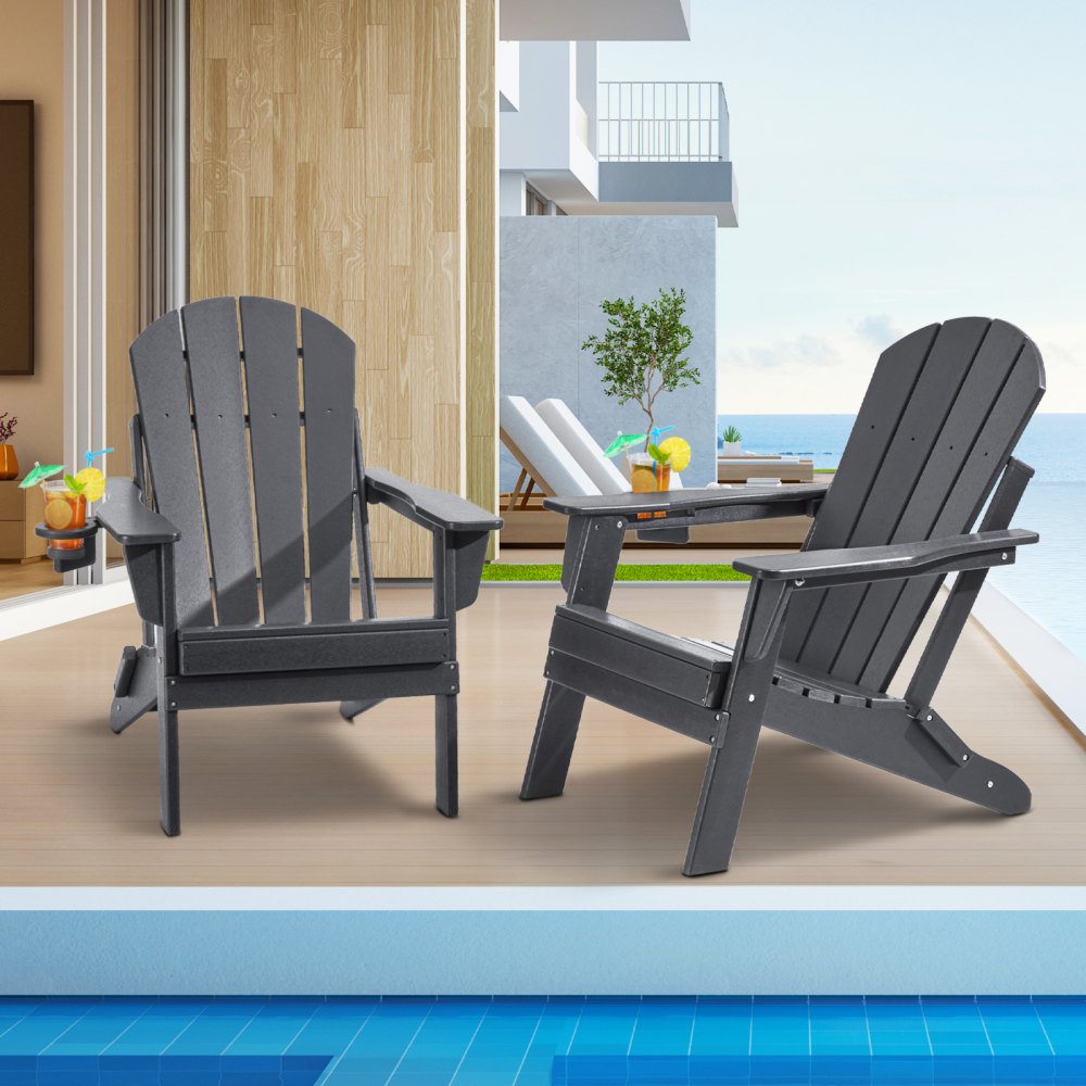 VEVOR Sedie Adirondack in Plastica Set 2, Sedie da Giardino Pieghevoli Portatili Resistenti alle Intemperie per Esterni, Portabicchieri, Bracciolo Rilassante Ergonomico, per Giardino Cortile, Grigio