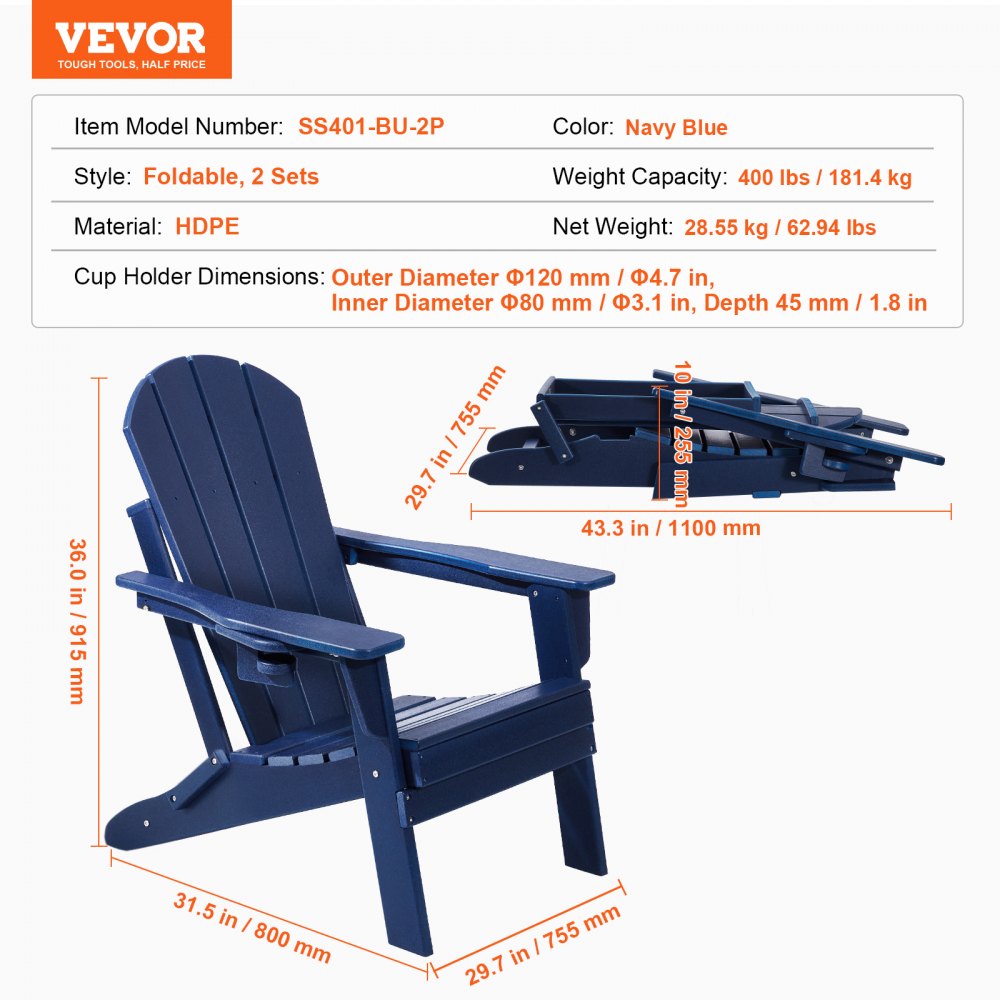 VEVOR Adirondack Chair made of plastic, set of 2, weatherproof, portable, foldable, fire pit chair, outdoor Adirondack patio chair with drink holder, with relaxing armrests, ergonomic, for garden, backyard, navy blue