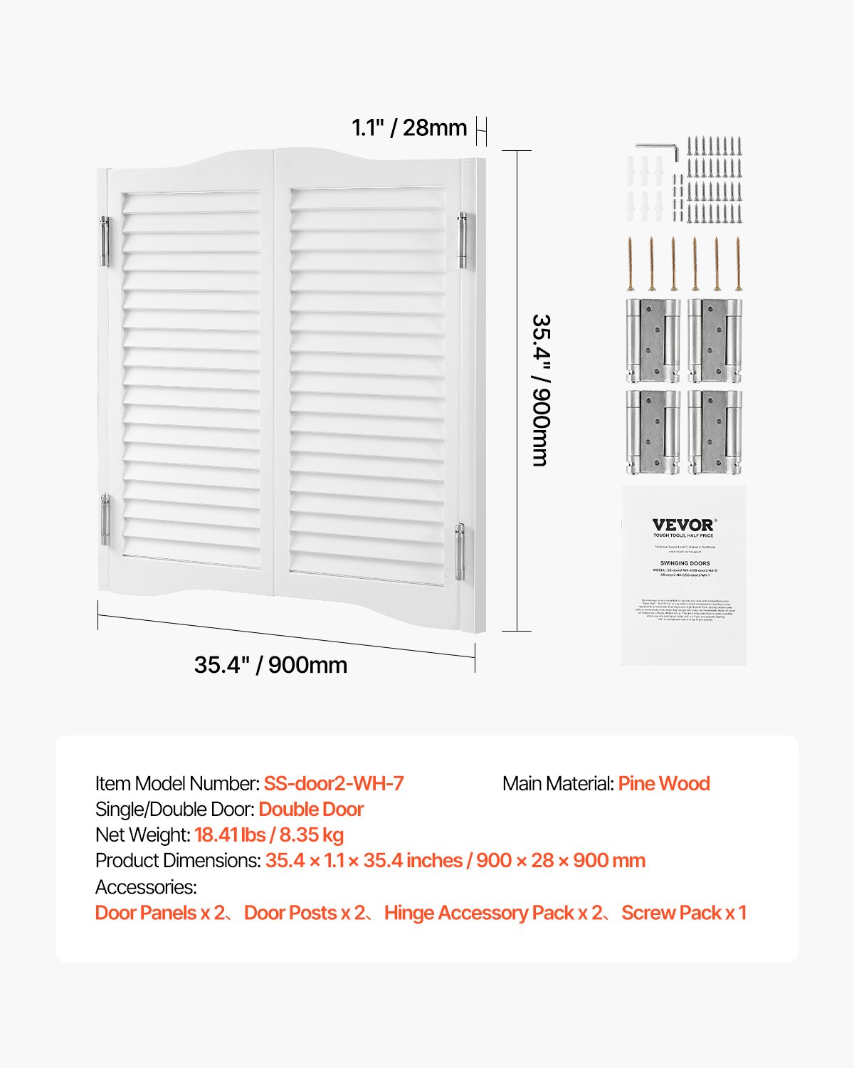 VEVOR Porte Oscillanti per Bar 900 x 900 mm Porte Interne per Saloni con Parte Superiore ad Arco, Doppia Azione in Legno di Pino, con Cerniere e Ferramenta, per Corridoio Cucina Bar Ingresso, Bianco
