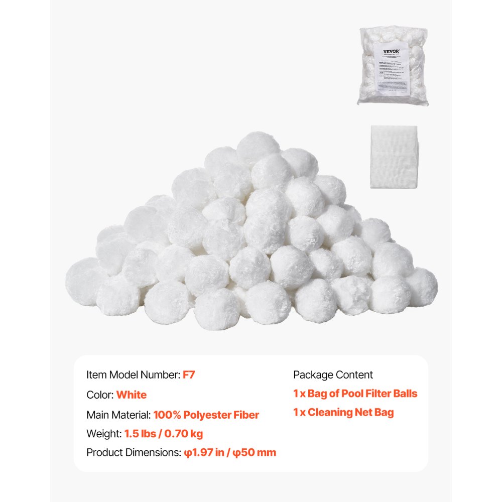 VEVOR Palline Filtranti per Piscina per Filtro a Sabbia, 0,68 kg, Materiale Filtrante in Fibra di Poliestere Bianco Riutilizzabile con Sacchetto Lavaggio, per Piscina Acquario Vasca Piscina Terra