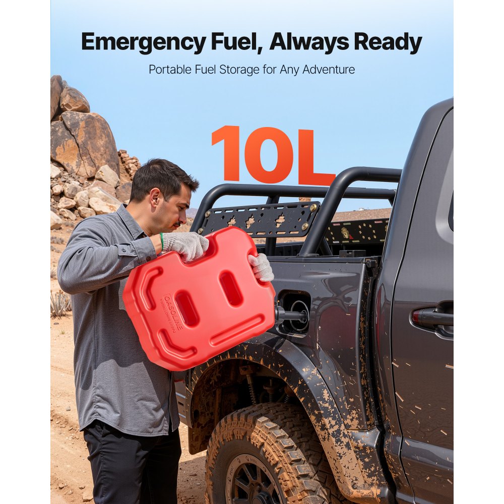 VEVOR Contenitore per Carburante 10 Litri, Tanica Benzina in Polietilene con Beccuccio e Staffa Bloccabile, Portata Massima 0,25L/s, per la Maggior Parte di Auto, Moto, ATV, UTV, Rosso
