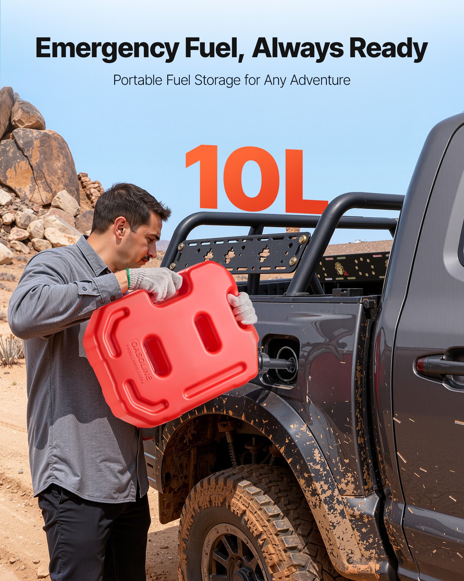 VEVOR Contenitore per Carburante 10 Litri, Tanica Benzina in Polietilene con Beccuccio e Staffa Bloccabile, Portata Massima 0,25L/s, per la Maggior Parte di Auto, Moto, ATV, UTV, Rosso