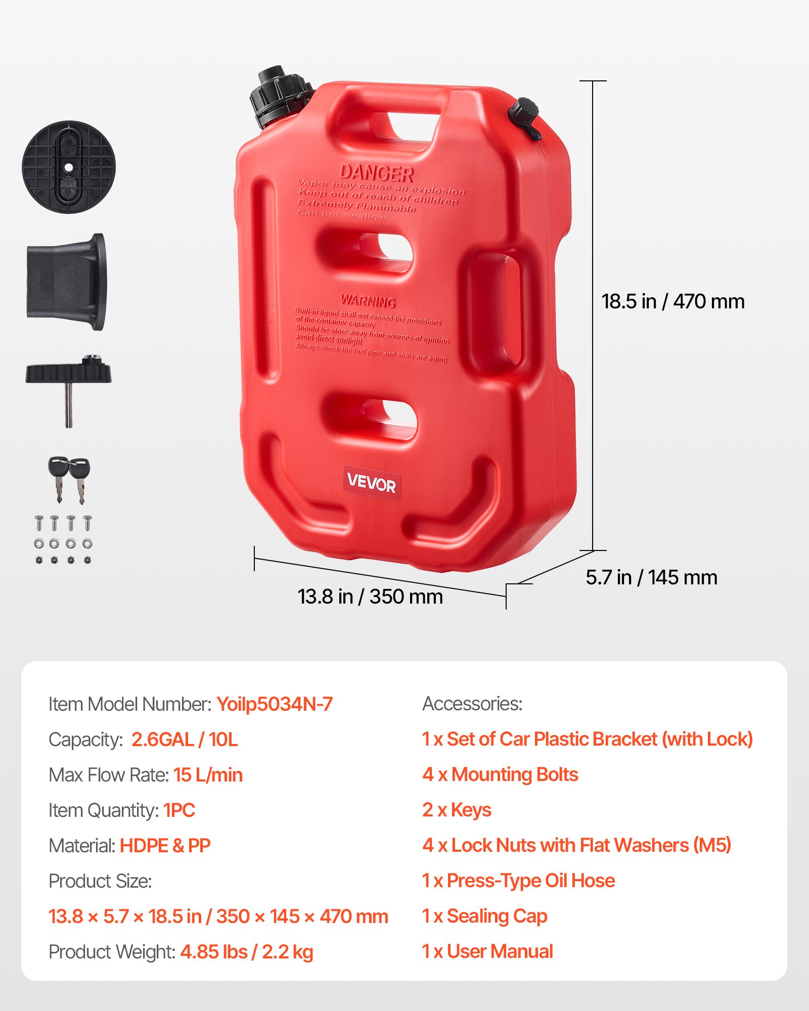 VEVOR Contenitore per Carburante 10 Litri, Tanica Benzina in Polietilene con Beccuccio e Staffa Bloccabile, Portata Massima 0,25L/s, per la Maggior Parte di Auto, Moto, ATV, UTV, Rosso