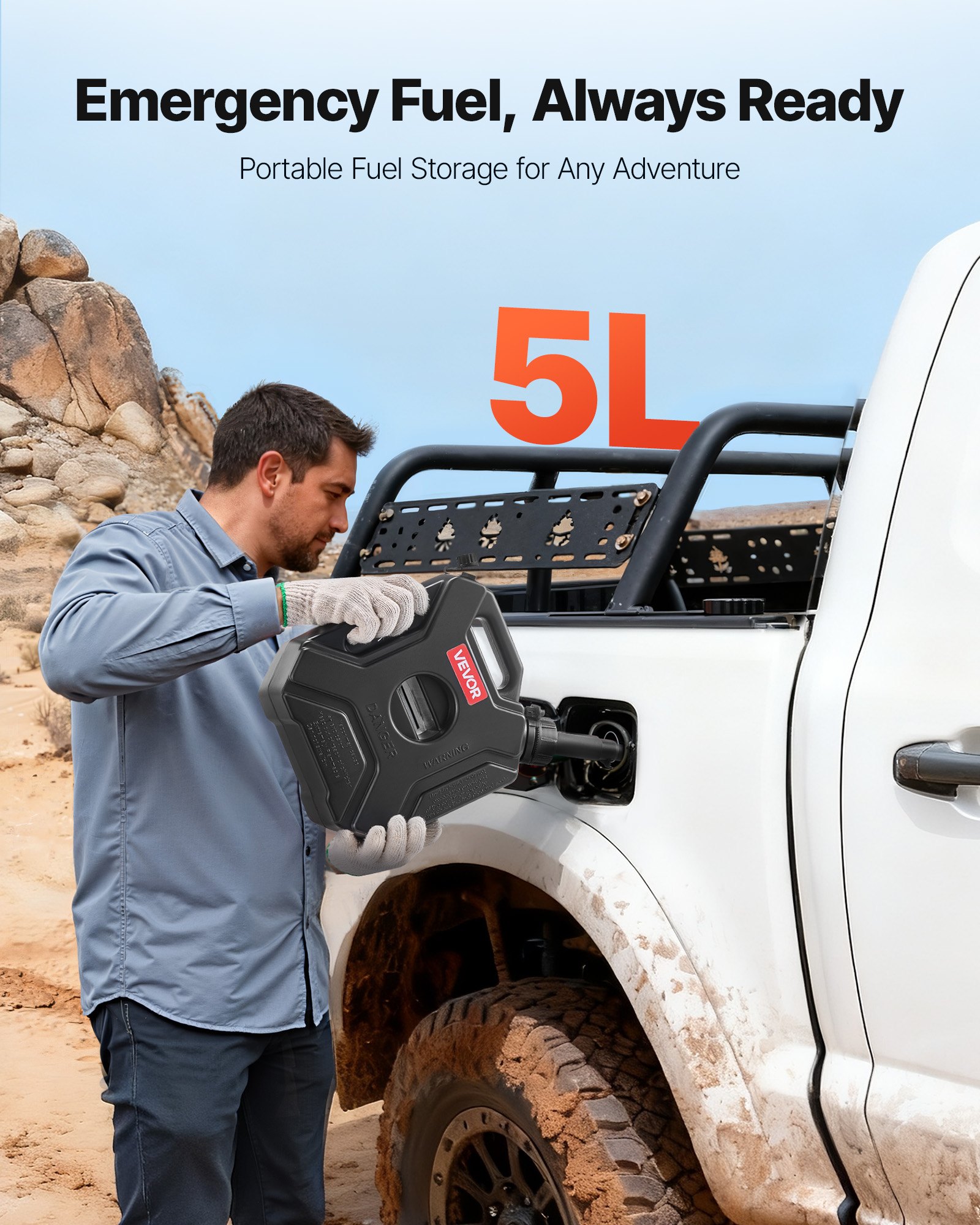 VEVOR Contenitore per Carburante 5 L, Tanica per Benzina con Beccuccio e Staffa Bloccabile, Portata Massima 0,25L/s, Sicuro e a Prova di Perdite per la Maggior Parte di Auto, Moto, ATV, UTV, Nero