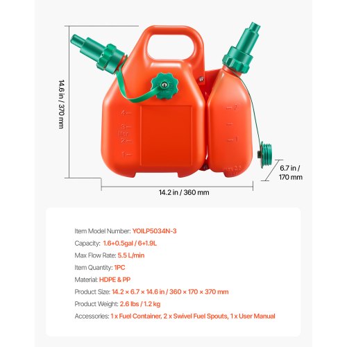 Tanica Carburante VEVOR 6L + 1,9L – Portatile, Antiperdita E Flusso Veloce Per Auto E Moto