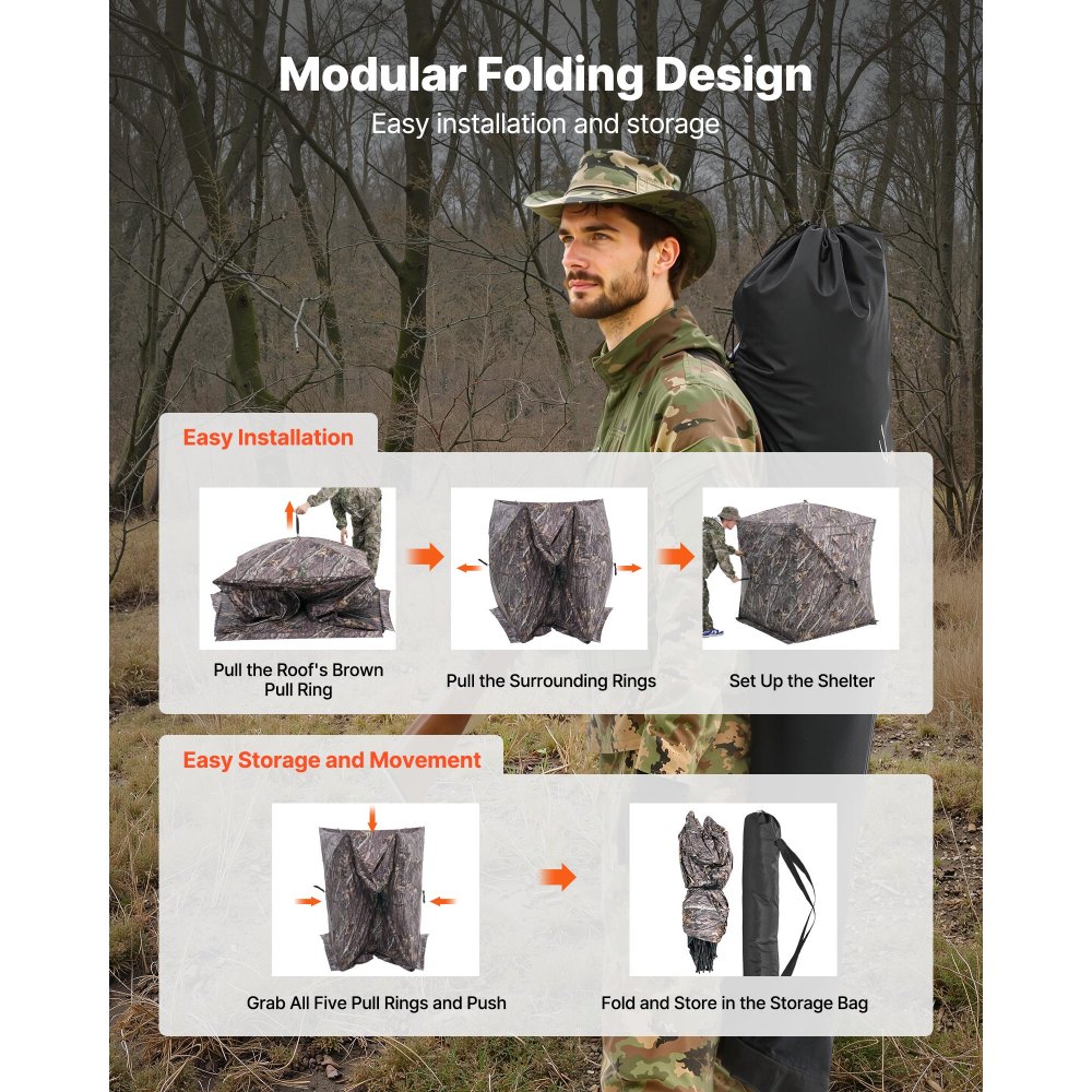 VEVOR Hunting Hide, 270° Transparent Ground Hide, 1-2 Person Pop-Up Deer Hunting Hide with Carrying Bag, Portable Heavy-Duty Hunting Tent, Transparent Disposable Net for Deer Hunting