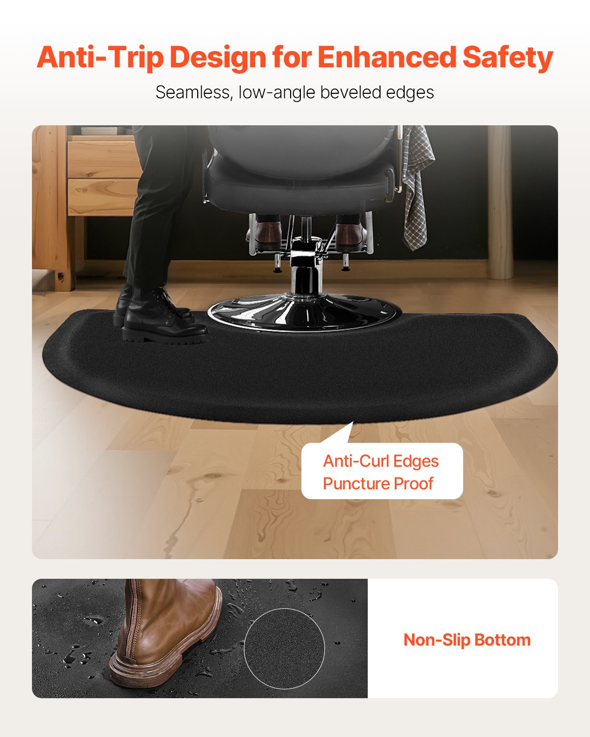 VEVOR Salon Mat for Hairdressers, 905x1220 mm, Semi-Circular Standing Mat, 13 mm Thick Anti-Fatigue Mat for Hair Salons, Easy-to-Clean PVC Surface & Beveled Edges to Prevent Tripping